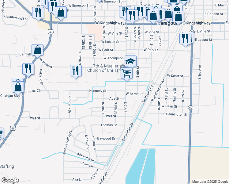 map of restaurants, bars, coffee shops, grocery stores, and more near 805 Kennedy Street in Paragould