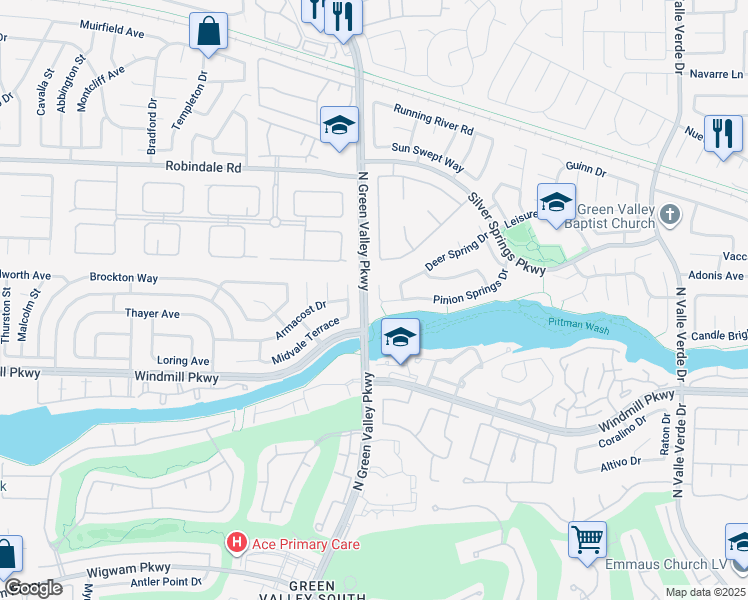 map of restaurants, bars, coffee shops, grocery stores, and more near 2065 Pinion Springs Drive in Henderson