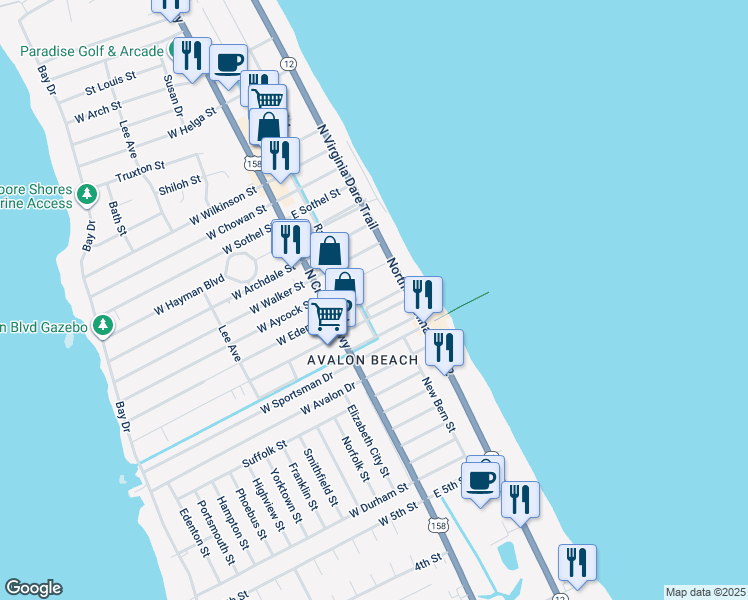 map of restaurants, bars, coffee shops, grocery stores, and more near 209 Random Street in Kill Devil Hills