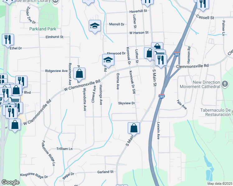 map of restaurants, bars, coffee shops, grocery stores, and more near 3660 Emma Avenue in Winston Salem