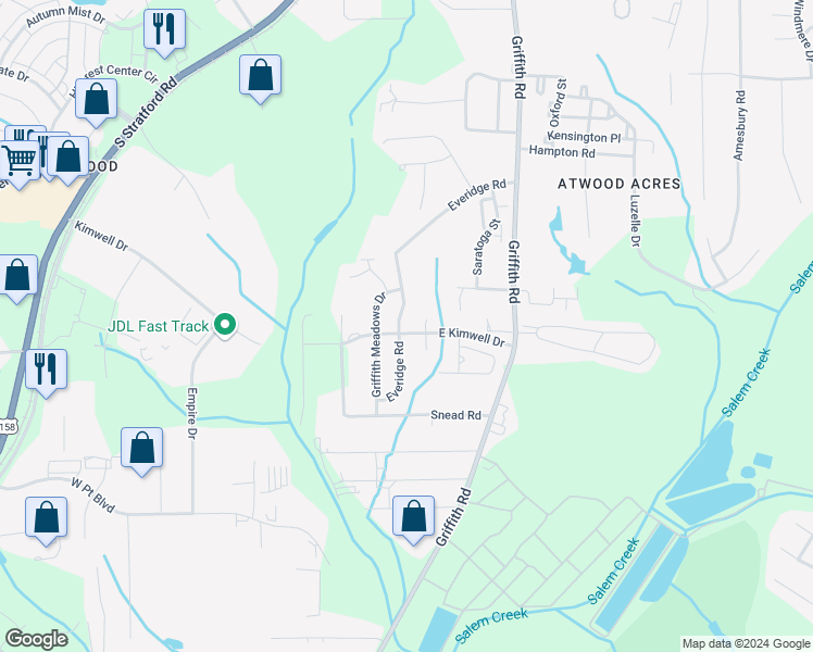 map of restaurants, bars, coffee shops, grocery stores, and more near 209 Everidge Road in Winston-Salem