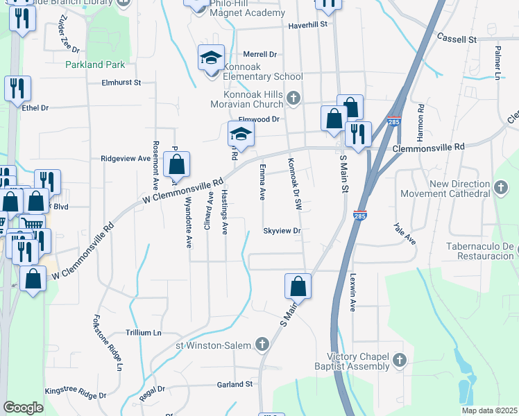 map of restaurants, bars, coffee shops, grocery stores, and more near 3660 Emma Avenue in Winston-Salem