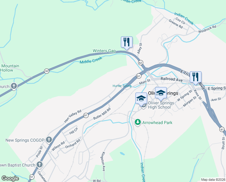 map of restaurants, bars, coffee shops, grocery stores, and more near 517 Hen Valley Road in Oliver Springs