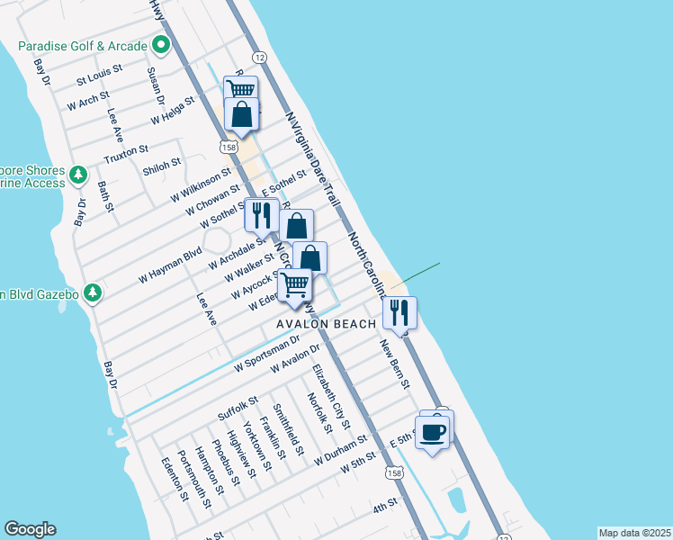 map of restaurants, bars, coffee shops, grocery stores, and more near 209 Random Street in Kill Devil Hills