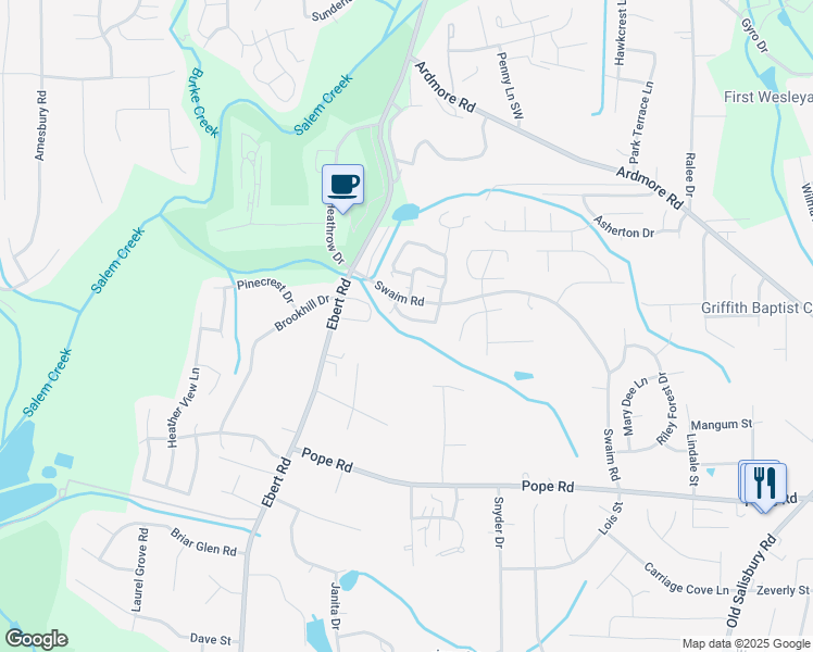 map of restaurants, bars, coffee shops, grocery stores, and more near 2032 Swaim Ridge Lane in Winston-Salem