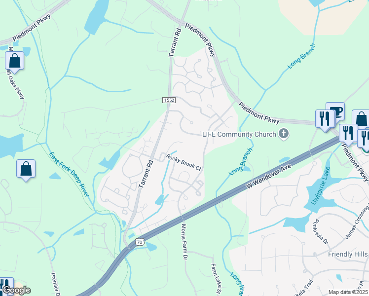 map of restaurants, bars, coffee shops, grocery stores, and more near 3713 Morris Farm Drive in Greensboro