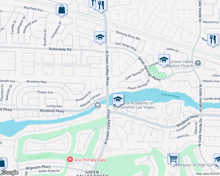 map of restaurants, bars, coffee shops, grocery stores, and more near 2065 Pinion Springs Drive in Henderson