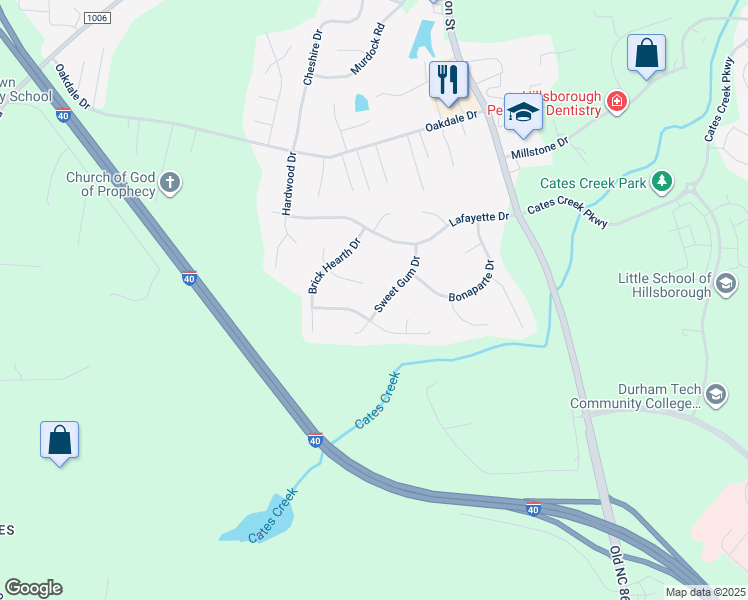 map of restaurants, bars, coffee shops, grocery stores, and more near 2611 Sweet Gum Drive in Hillsborough