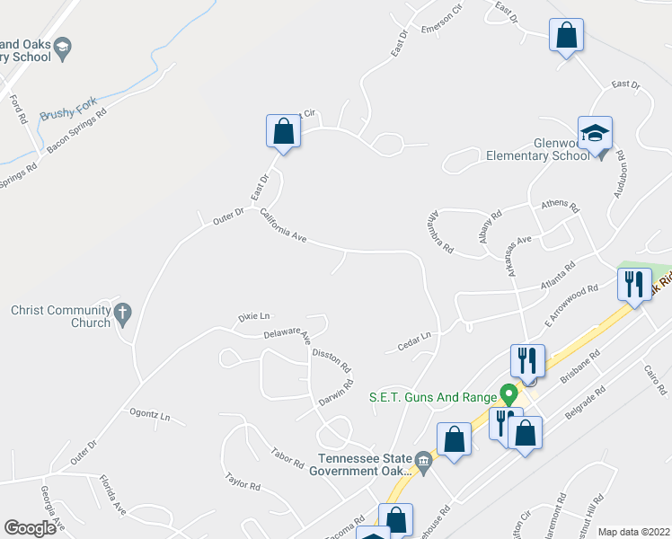 map of restaurants, bars, coffee shops, grocery stores, and more near 106 Chatham Lane in Oak Ridge