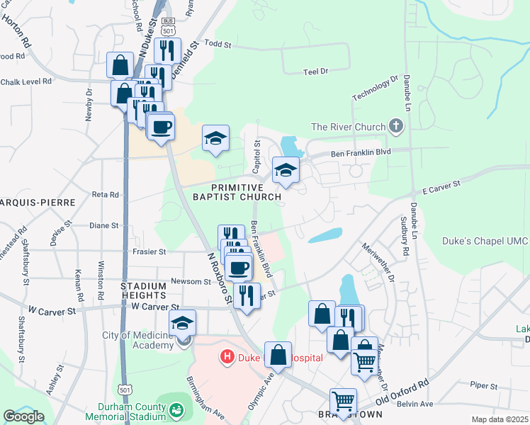 map of restaurants, bars, coffee shops, grocery stores, and more near 4102 Ben Franklin Boulevard in Durham