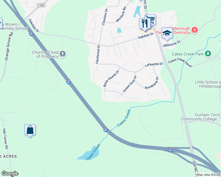 map of restaurants, bars, coffee shops, grocery stores, and more near 409 County Seat Drive in Hillsborough