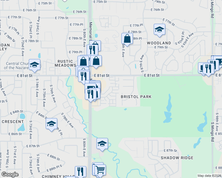 map of restaurants, bars, coffee shops, grocery stores, and more near 8204 South 84th East Avenue in Tulsa