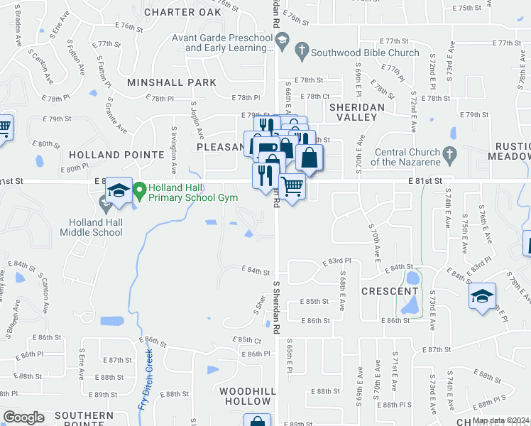 map of restaurants, bars, coffee shops, grocery stores, and more near 6124 East 82nd Place in Tulsa