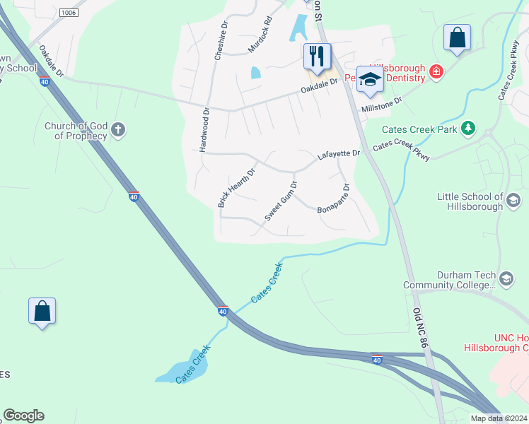 map of restaurants, bars, coffee shops, grocery stores, and more near 2611 Sweet Gum Drive in Hillsborough