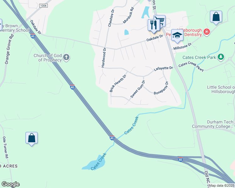 map of restaurants, bars, coffee shops, grocery stores, and more near 409 County Seat Drive in Hillsborough