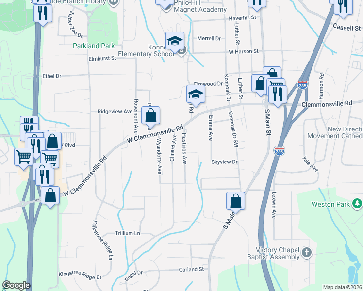 map of restaurants, bars, coffee shops, grocery stores, and more near 3619 Clinard Avenue in Winston-Salem
