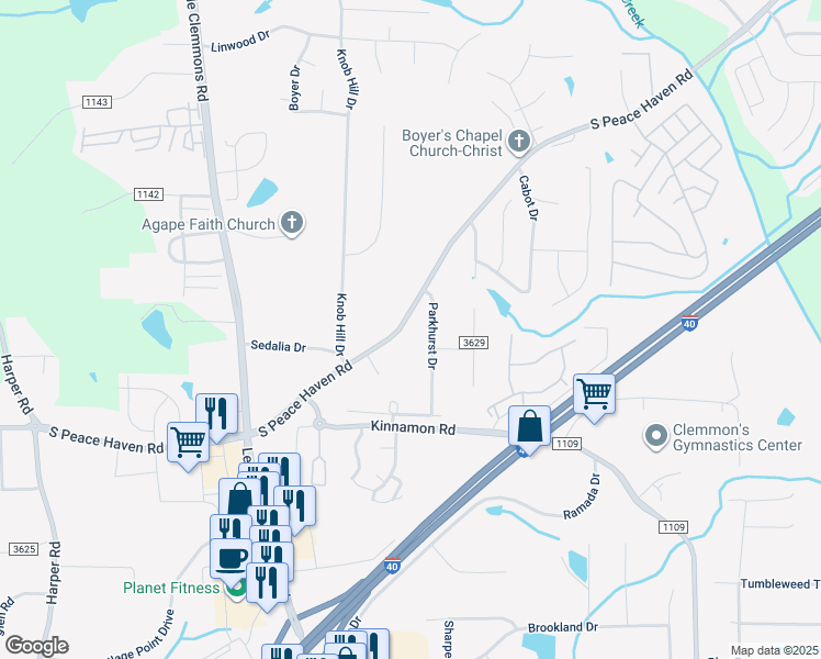 map of restaurants, bars, coffee shops, grocery stores, and more near 911 South Peace Haven Road in Winston-Salem