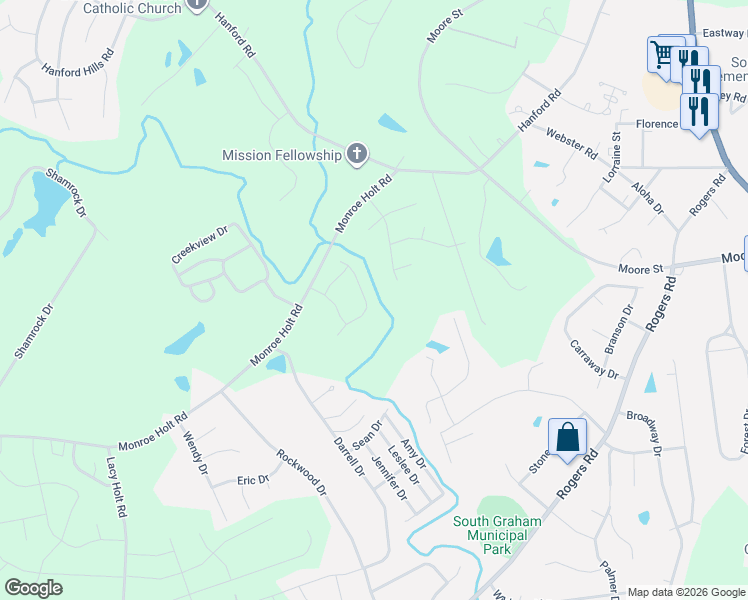 map of restaurants, bars, coffee shops, grocery stores, and more near 734 Aspenwood Dr in Graham