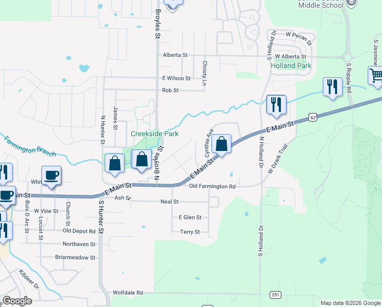 map of restaurants, bars, coffee shops, grocery stores, and more near 196 Louise Street in Farmington