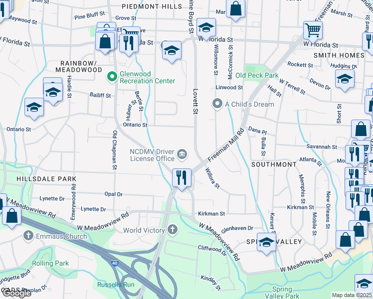 map of restaurants, bars, coffee shops, grocery stores, and more near 1626 Lovett Street in Greensboro