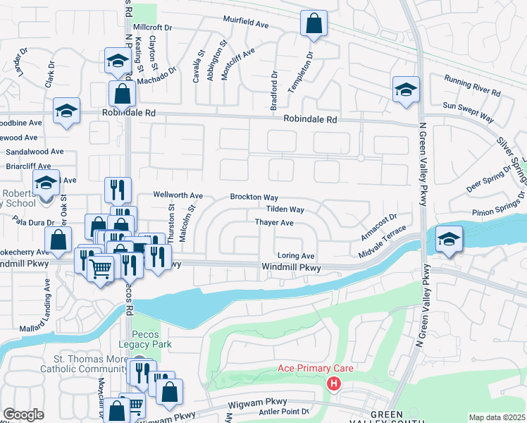 map of restaurants, bars, coffee shops, grocery stores, and more near 2361 Tilden Way in Henderson