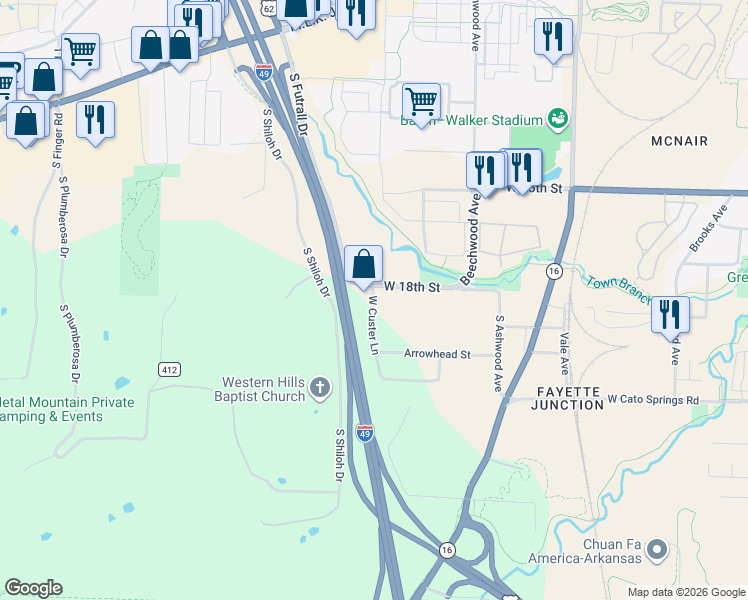 map of restaurants, bars, coffee shops, grocery stores, and more near 1842 West Custer Lane in Fayetteville