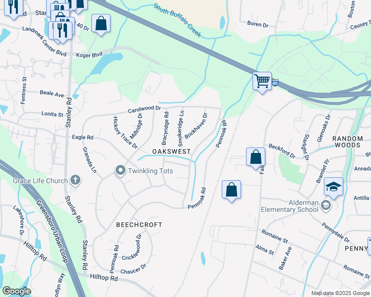 map of restaurants, bars, coffee shops, grocery stores, and more near 4704 Yorkwood Drive in Greensboro