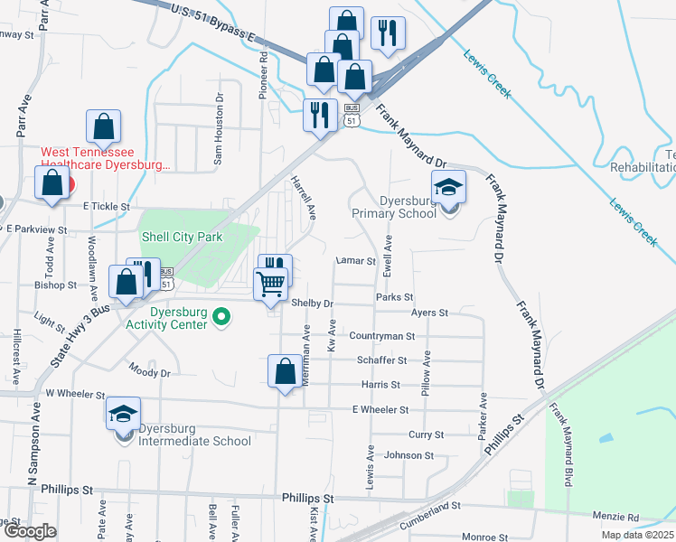 map of restaurants, bars, coffee shops, grocery stores, and more near 1214 Kw Avenue in Dyersburg