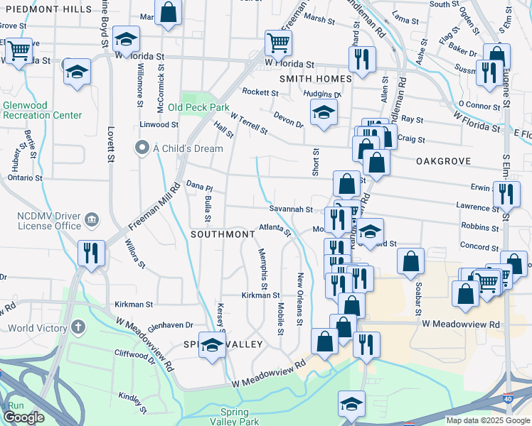 map of restaurants, bars, coffee shops, grocery stores, and more near 705 Savannah Street in Greensboro