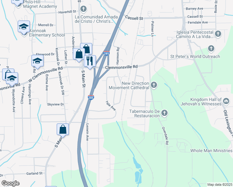 map of restaurants, bars, coffee shops, grocery stores, and more near 3621 Harvard Road in Winston-Salem