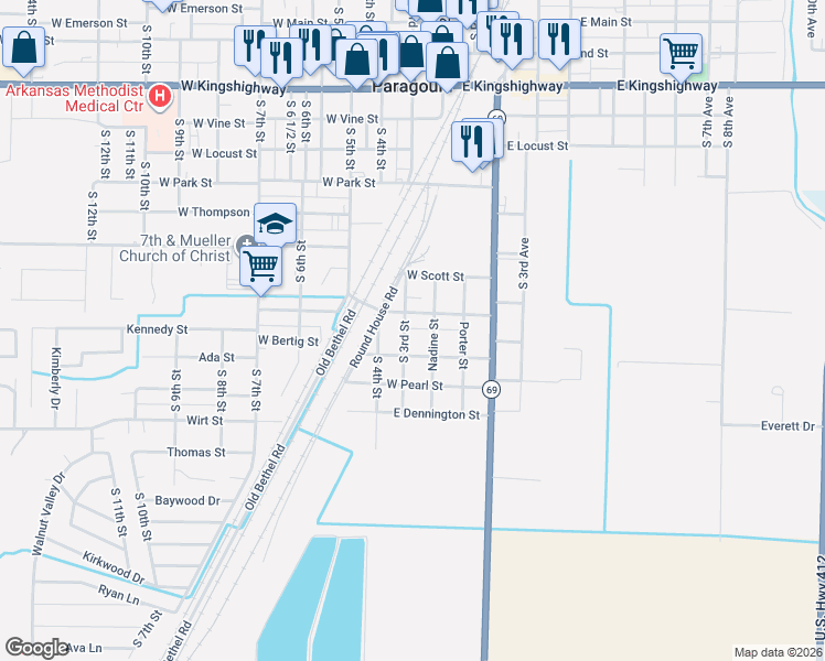 map of restaurants, bars, coffee shops, grocery stores, and more near 1106 South 3rd Street in Paragould