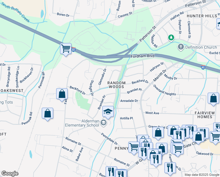 map of restaurants, bars, coffee shops, grocery stores, and more near 4205 Beckford Drive in Greensboro
