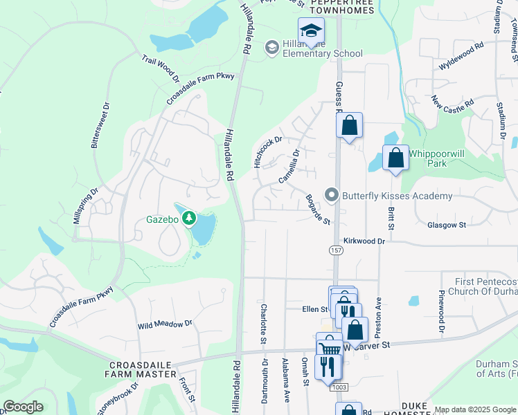 map of restaurants, bars, coffee shops, grocery stores, and more near 4 Aster Drive in Durham