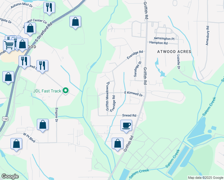 map of restaurants, bars, coffee shops, grocery stores, and more near 222 Everidge Road in Winston-Salem