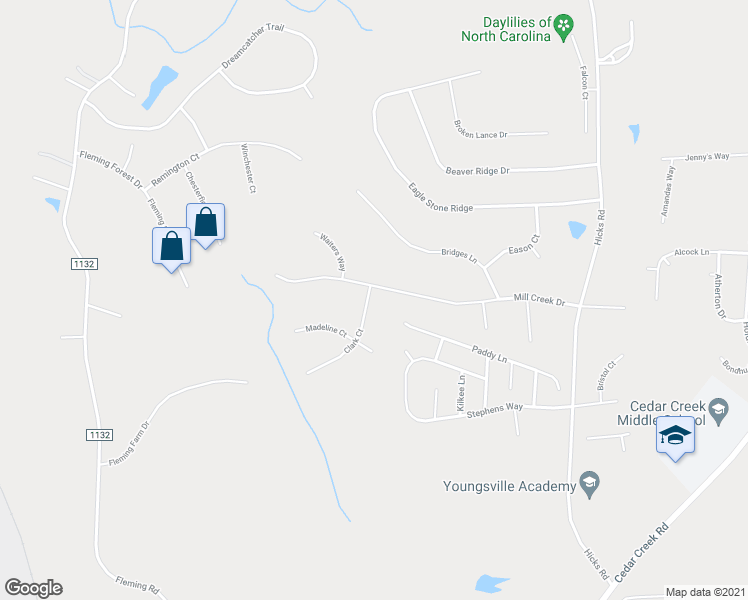 map of restaurants, bars, coffee shops, grocery stores, and more near 183 Mill Creek Drive in Youngsville