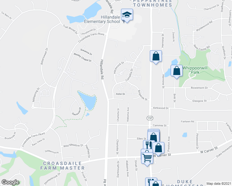 map of restaurants, bars, coffee shops, grocery stores, and more near 2406 Camellia Drive in Durham