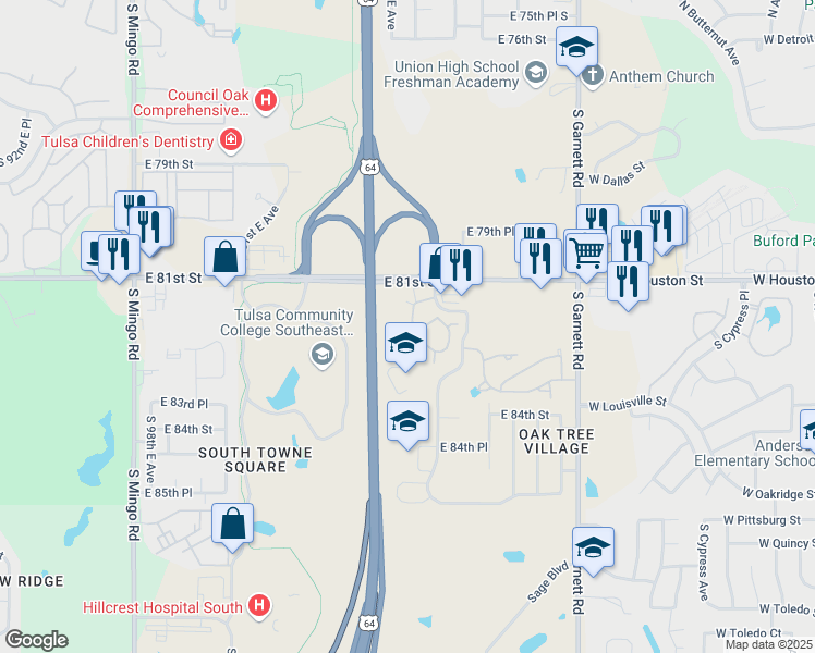 map of restaurants, bars, coffee shops, grocery stores, and more near 8122 South 107th East Avenue in Tulsa