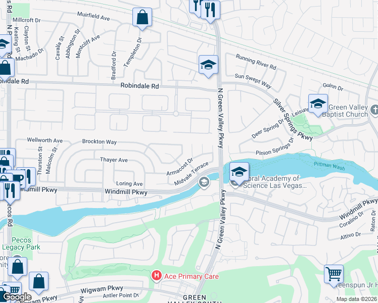 map of restaurants, bars, coffee shops, grocery stores, and more near 242 Elkins Circle in Henderson