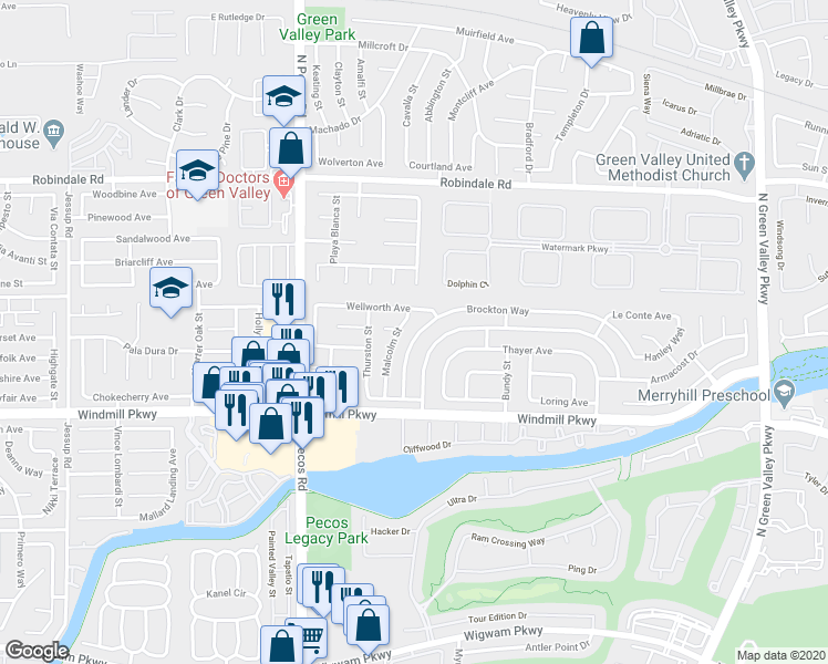 map of restaurants, bars, coffee shops, grocery stores, and more near 2396 Brockton Way in Henderson