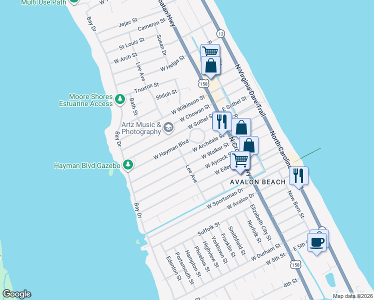 map of restaurants, bars, coffee shops, grocery stores, and more near 314 W Archdale St in Kill Devil Hills