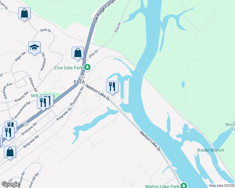 map of restaurants, bars, coffee shops, grocery stores, and more near 57 Riverview Drive in Oak Ridge