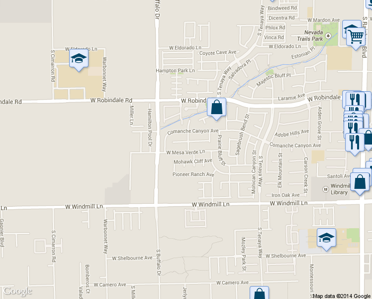 map of restaurants, bars, coffee shops, grocery stores, and more near 7672 West Mesa Verde Lane in Las Vegas