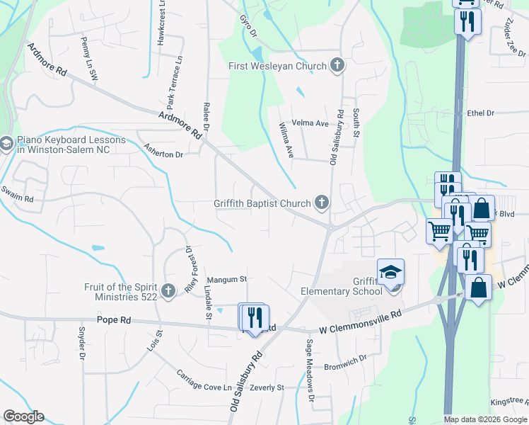 map of restaurants, bars, coffee shops, grocery stores, and more near 2040 Ardmore Village Lane in Winston-Salem