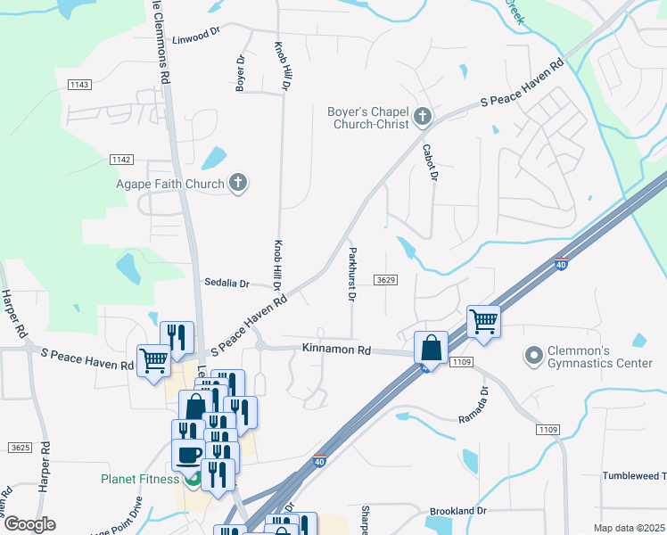 map of restaurants, bars, coffee shops, grocery stores, and more near 911 South Peace Haven Road in Winston-Salem