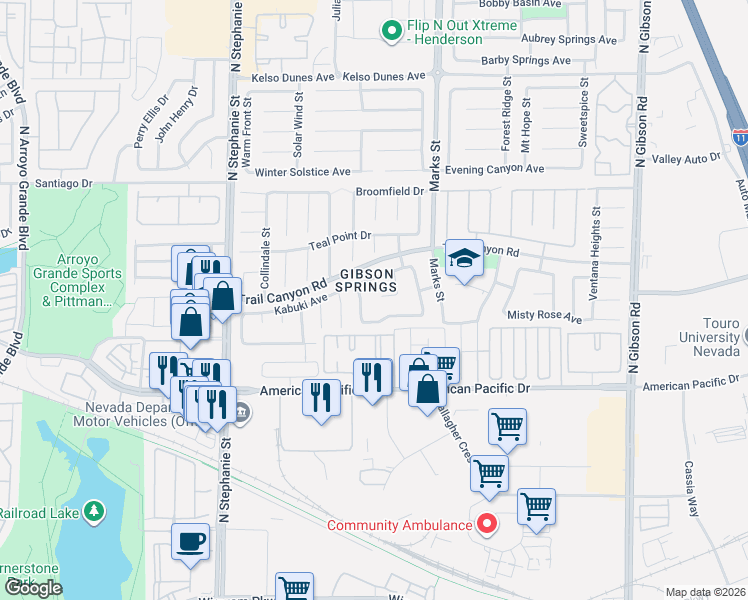 map of restaurants, bars, coffee shops, grocery stores, and more near 225 Prairie Sky Court in Henderson