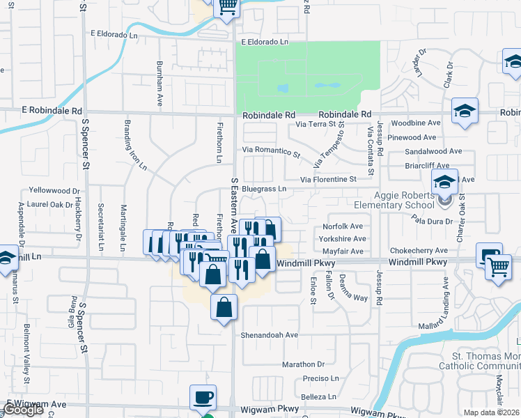 map of restaurants, bars, coffee shops, grocery stores, and more near 2975 Bluegrass Lane in Henderson