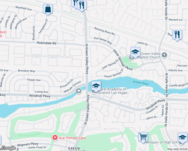map of restaurants, bars, coffee shops, grocery stores, and more near 2064 Pinion Springs Drive in Henderson