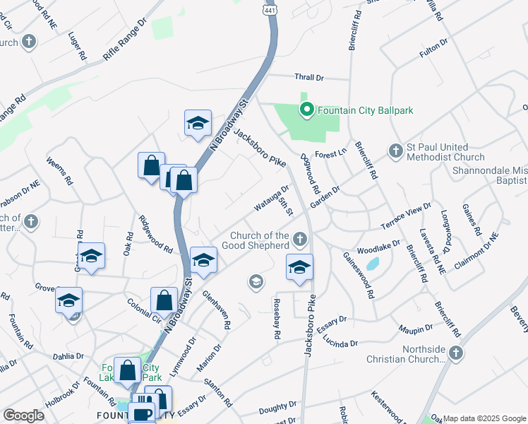 map of restaurants, bars, coffee shops, grocery stores, and more near 409 Watauga Drive in Knoxville