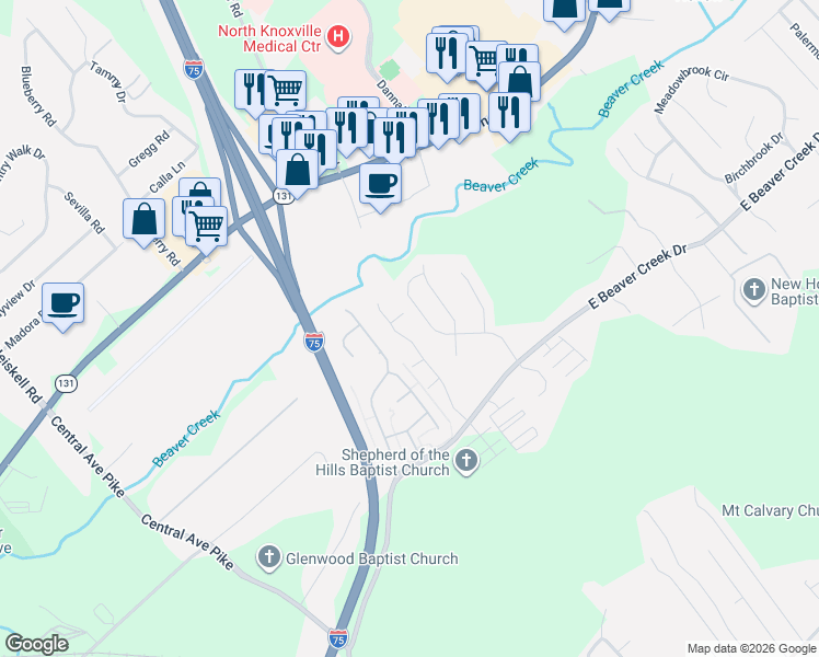 map of restaurants, bars, coffee shops, grocery stores, and more near 500 Bethany Way in Knoxville