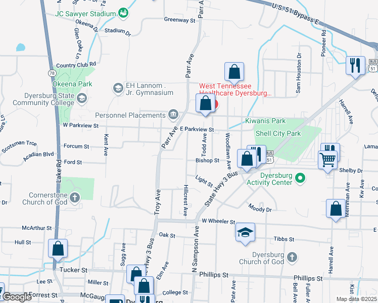 map of restaurants, bars, coffee shops, grocery stores, and more near 1316 Hillcrest Avenue in Dyersburg